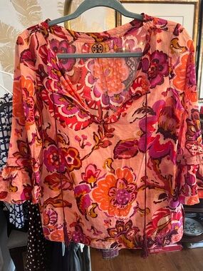 Tory Burch Pink and Orange Floral Tie-Front Tunic